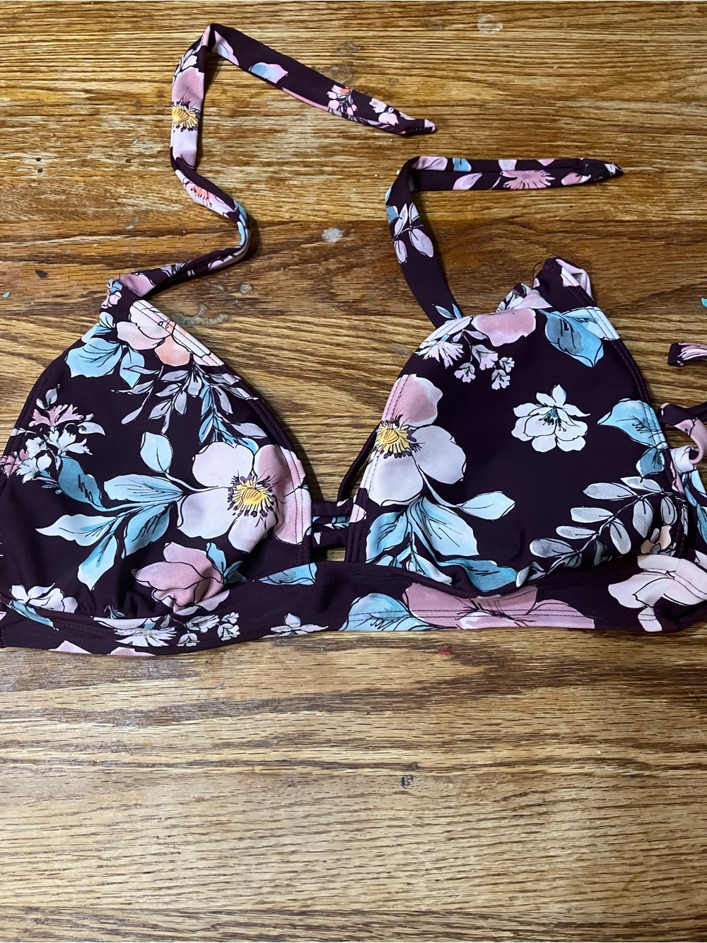 Kona Sol Floral Halter Bikini Top - Burgundy Pink Blue
